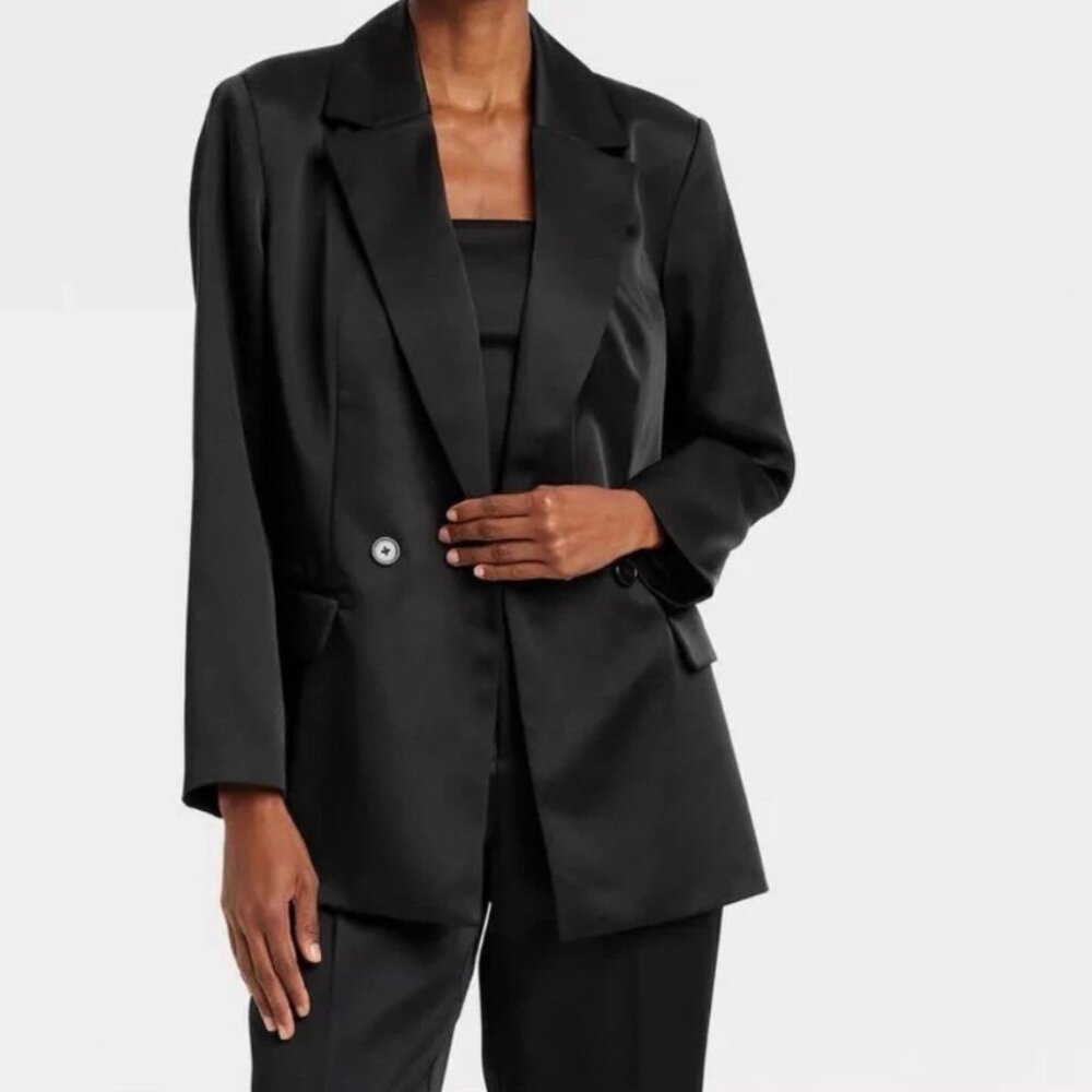 NWT A New Day Women's Small Black Satin Women's Structured Blazer Front Button